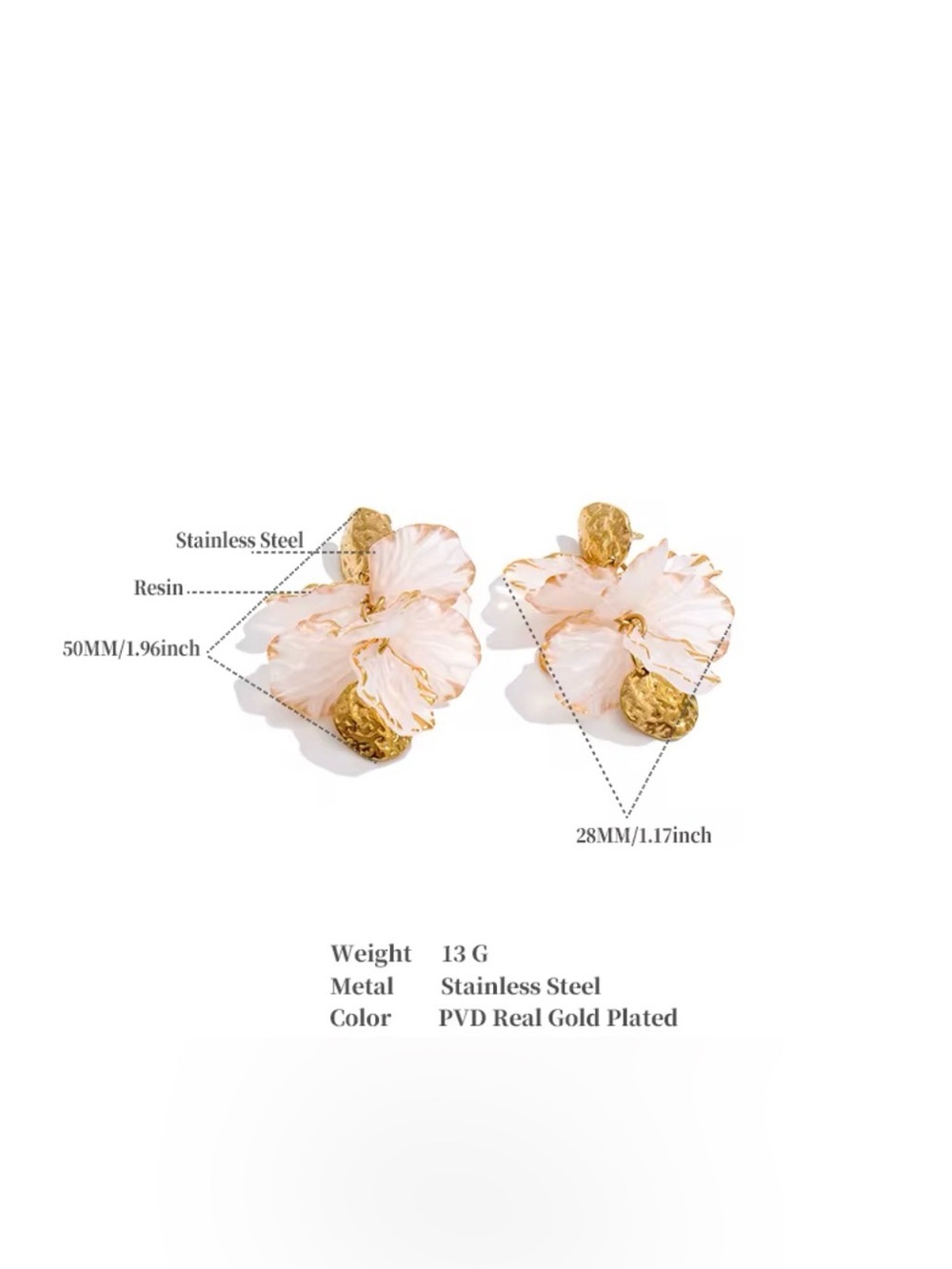 Delicate Pink Floral Drop Earrings with Gold Accents - Picture 4 of 4